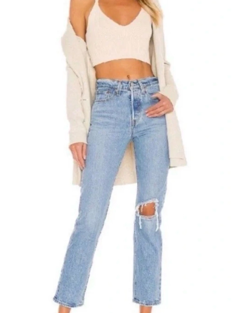 Levi’s Wedgie Straight Jeans Light Wash Distressed High Rise 30x28 - Picture 2 of 9